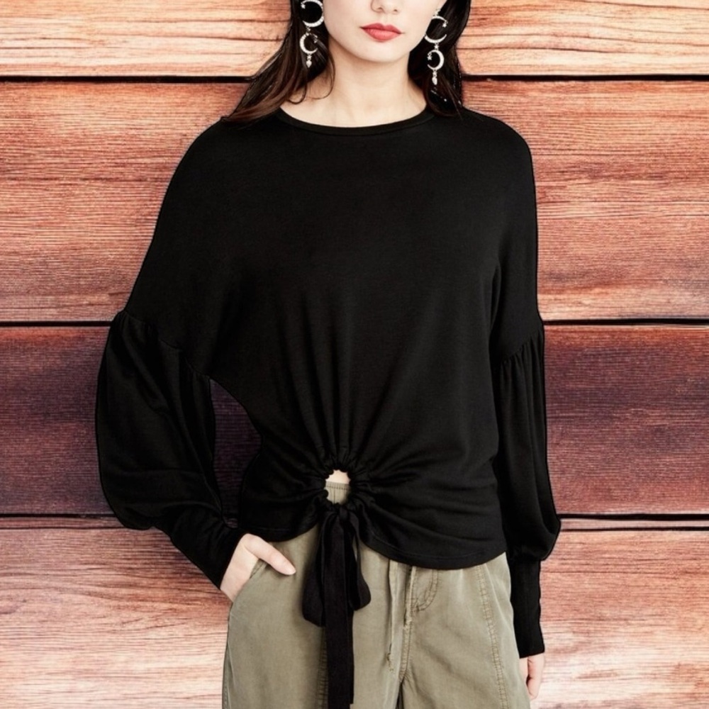 Rachel Roy Anthropologie black tie hem knot knit top XS